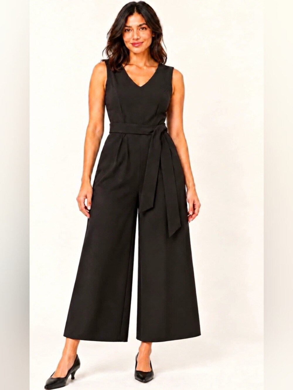 Calvin Klein Black Sleeveless V-Neck Wide-Leg Belted Jumpsuit